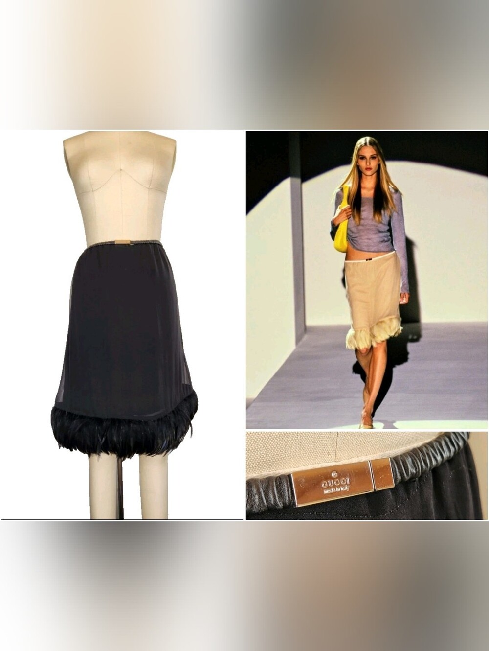 1999 Vintage Tom Ford for Gucci Black Silk Skirt With Feathers Sz 40 - US S